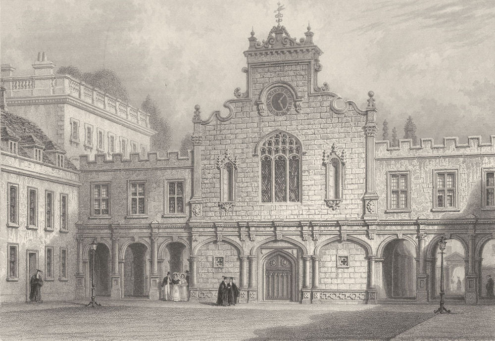 CAMBRIDGE. St. Peter's College showing Chapel. Figures. (Le Keux) 1841 print
